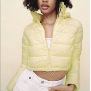 ZARA Cropped Puffer Jacket Yellow Hooded Zip Coat Women’s XXL